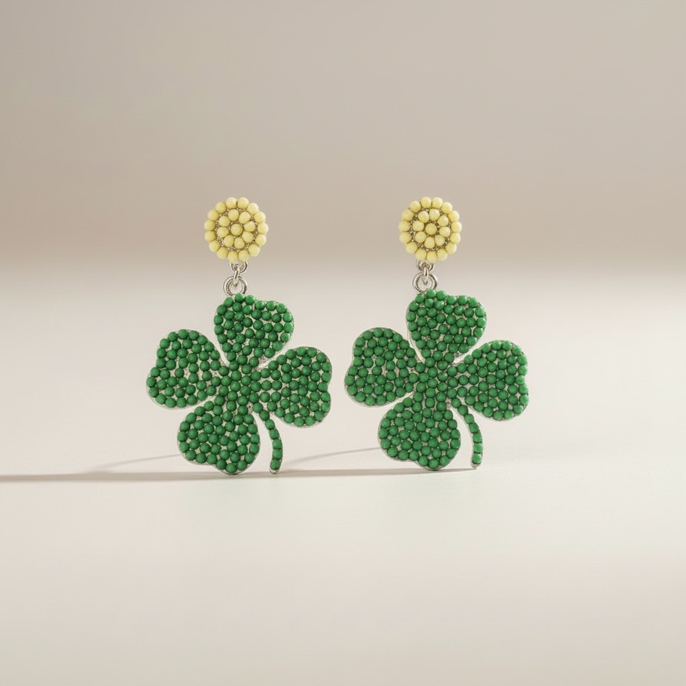 Green Seed Bead Shamrock Statement Drop stud  Earrings  265